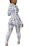 White Fashion Sexy Print zipper Polyester Long Sleeve O Neck Jumpsuits