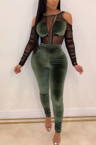 Green Sexy Mesh Solid Long Sleeve O Neck Jumpsuits