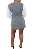 White Polyester Fashion Sexy adult Ma'am Shirt sleeves Long Sleeves O neck A-Line Knee-Length Striped Patchwork Dresses