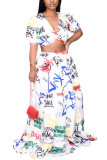 White Polyester Fashion adult Ma'am Sweet Print Two Piece Suits A-line skirt Short Sleeve Two Pieces
