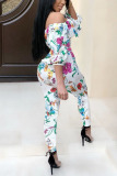 White Sexy Print Silk Long Sleeve one word collar Jumpsuits