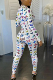 Blue Fashion Sexy Print zipper Polyester Long Sleeve O Neck Jumpsuits