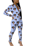 Blue Fashion Sexy Print zipper Polyester Long Sleeve O Neck Jumpsuits