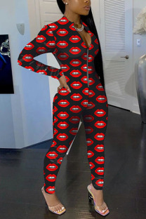 Black Fashion Sexy Print zipper Long Sleeve O Neck Jumpsuits