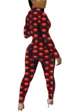 colour Fashion Sexy Print zipper Polyester Long Sleeve O Neck Jumpsuits