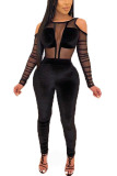 Black Sexy Mesh Solid Long Sleeve O Neck Jumpsuits