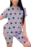 Grey venetian Fashion Casual adult Ma'am Print Two Piece Suits pencil Short Sleeve Two Pieces