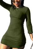 Army Green Polyester Fashion Sexy adult Ma'am Cap Sleeve Long Sleeves O neck Step Skirt skirt Solid Dresses
