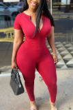 Red Sexy Solid zipper Cotton Blend Short Sleeve O Neck Jumpsuits