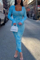 Sky Blue Milk. Fashion Celebrities adult Ma'am Cap Sleeve Long Sleeves Square Step Skirt Ankle-Length Print Draped Dresses