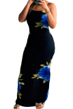 Blue Fashion Casual Off The Shoulder Sleeveless Slip Step Skirt Floor-Length Floral Striped Col