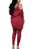 Wine Red Fashion Casual Solid pencil Long Sleeve Two Pieces