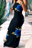 Blue Fashion Casual Off The Shoulder Sleeveless Slip Step Skirt Floor-Length Floral Striped Col