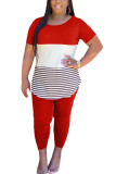 Red Fashion Sexy adult Ma'am Striped Patchwork Two Piece Suits pencil Short Sleeve Two Pieces