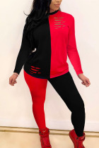 Black and red Polyester Fashion Casual Europe and America Patchwork Solid Burn-out pencil Long Sleeve Two Pieces