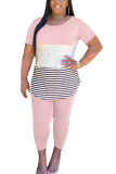 Grey Fashion Sexy adult Ma'am Striped Patchwork Two Piece Suits pencil Short Sleeve Two Pieces