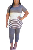 Grey Fashion Sexy adult Ma'am Striped Patchwork Two Piece Suits pencil Short Sleeve Two Pieces