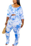 Dark Blue Polyester Fashion Sexy adult Patchwork Print Tie Dye Draped Two Piece Suits Boot Cut Three Quarter Two Pieces