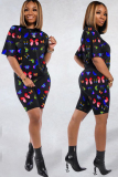 Black knit Fashion Sexy adult Ma'am Patchwork Print Two Piece Suits Straight Short Sleeve Two Pieces