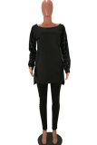 Black Sexy Solid Two Piece Suits Patchwork Beading pencil Long Sleeve Two-piece Pants Set