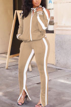 Khaki Polyester Casual Fashion adult HOLLOWED OUT Split Solid Two Piece Suits pencil Long Sleeve 