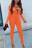 Orange Fashion Sexy Solid zipper Long Sleeve O Neck Jumpsuits