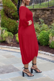 Red OL lantern sleeve Long Sleeves O neck Step Skirt Mid-Calf Solid Dresses