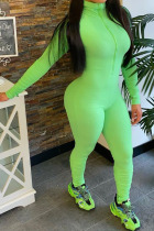 Light Green Fashion Casual Solid zipper Long Sleeve O Neck Jumpsuits