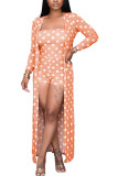 Orange Polyester Fashion Sexy adult Ma'am Dot Two Piece Suits Straight Long Sleeve Two Pieces