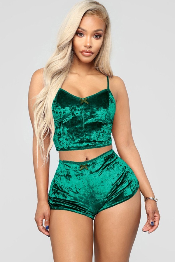 Green Polyester Sexy Solid Two Piece Suits Straight Sleeveless 