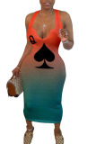 Orange Polyester Fashion Sexy Spaghetti Strap Sleeveless Slip Step Skirt Ankle-Length Ombre Dresses
