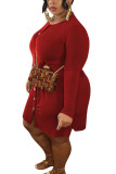 Wine Red Fashion Sexy adult Ma'am O Neck Solid Button Plus Size