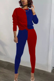 rose red and blue Polyester Sexy Patchwork Solid pencil Long Sleeve Two Pieces