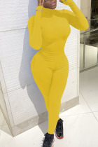 Yellow Fashion Print Long Sleeve O Neck Jumpsuits