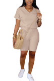 Apricot venetian Casual Two Piece Suits Solid pencil Short Sleeve  Two-Piece Short Set