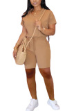 Apricot venetian Casual Two Piece Suits Solid pencil Short Sleeve  Two-Piece Short Set