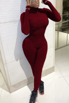 Wine Red Fashion Print Long Sleeve O Neck Jumpsuits