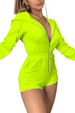 Fluorescent green Fashion Casual Solid Long Sleeve Hooded Rompers