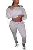 White Spandex Fashion adult England Ma'am Solid diamonds Two Piece Suits pencil Long Sleeve Two Pieces