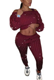 Wine Red Spandex Fashion adult England Ma'am Solid diamonds Two Piece Suits pencil Long Sleeve Two Pieces