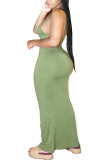 Green Milk. Fashion Casual adult Ma'am Off The Shoulder Sleeveless V Neck Step Skirt Ankle-Length Solid backless Dresses