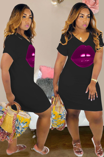Black  adult Casual Fashion Cap Sleeve Short Sleeves V Neck Step Skirt Knee-Length lip Print Pock