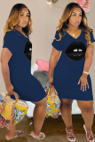 Black  adult Casual Fashion Cap Sleeve Short Sleeves V Neck Step Skirt Knee-Length lip Print Pock