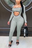 Grey Sexy Hollow Polyester Long Sleeve Jumpsuits
