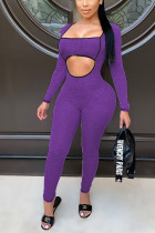 purple Sexy Hollow Polyester Long Sleeve Jumpsuits