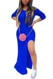 Blue Fashion adult Ma'am OL Off The Shoulder Long Sleeves One word collar Step Skirt Floor-Length Solid Dresses