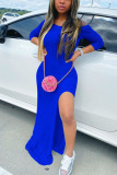 Blue Fashion adult Ma'am OL Off The Shoulder Long Sleeves One word collar Step Skirt Floor-Length Solid Dresses