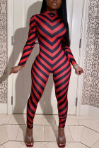 Red Fashion street Striped Milk. Long Sleeve O Neck Jumpsuits