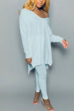 Light Blue Fashion adult Ma'am Street Solid Two Piece Suits pencil Long Sleeve Two Pieces
