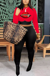 Red Fashion Sexy adult Ma'am Print Two Piece Suits pencil Long Sleeve Two Pieces